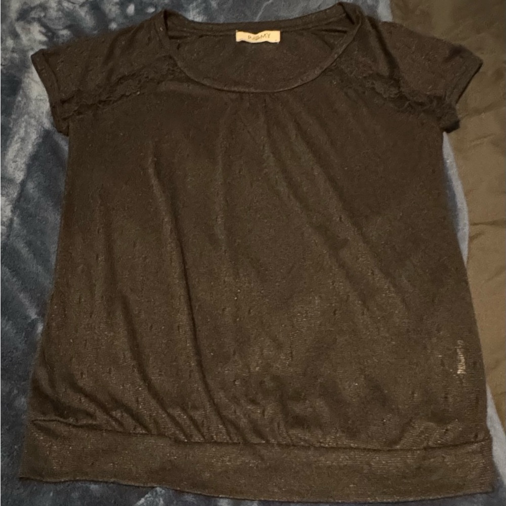 Romy black see through short sleeve shirt with lace detail